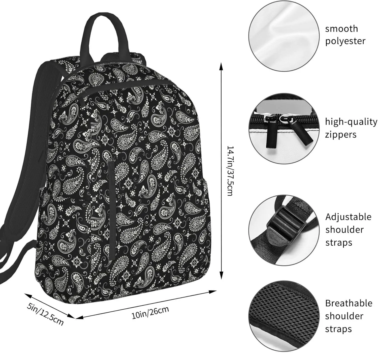 Black And White Paisley backpack bookbags casual laptop lightweight bag travel laptop daypack