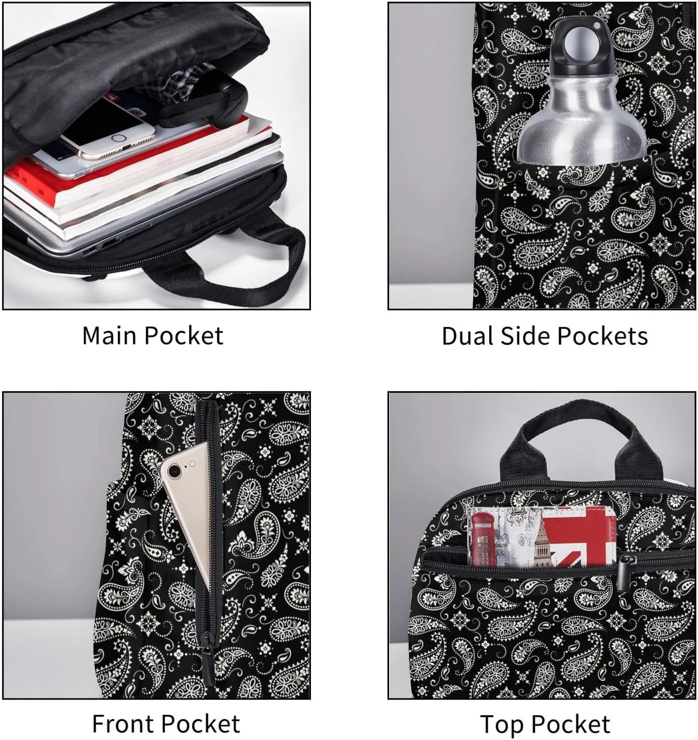 Black And White Paisley backpack bookbags casual laptop lightweight bag travel laptop daypack