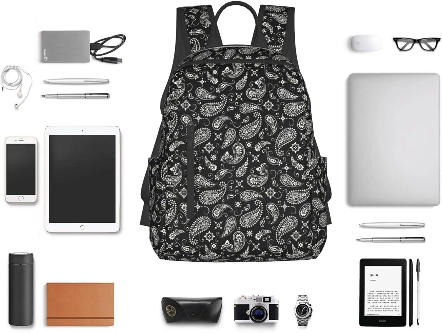 Black And White Paisley backpack bookbags casual laptop lightweight bag travel laptop daypack