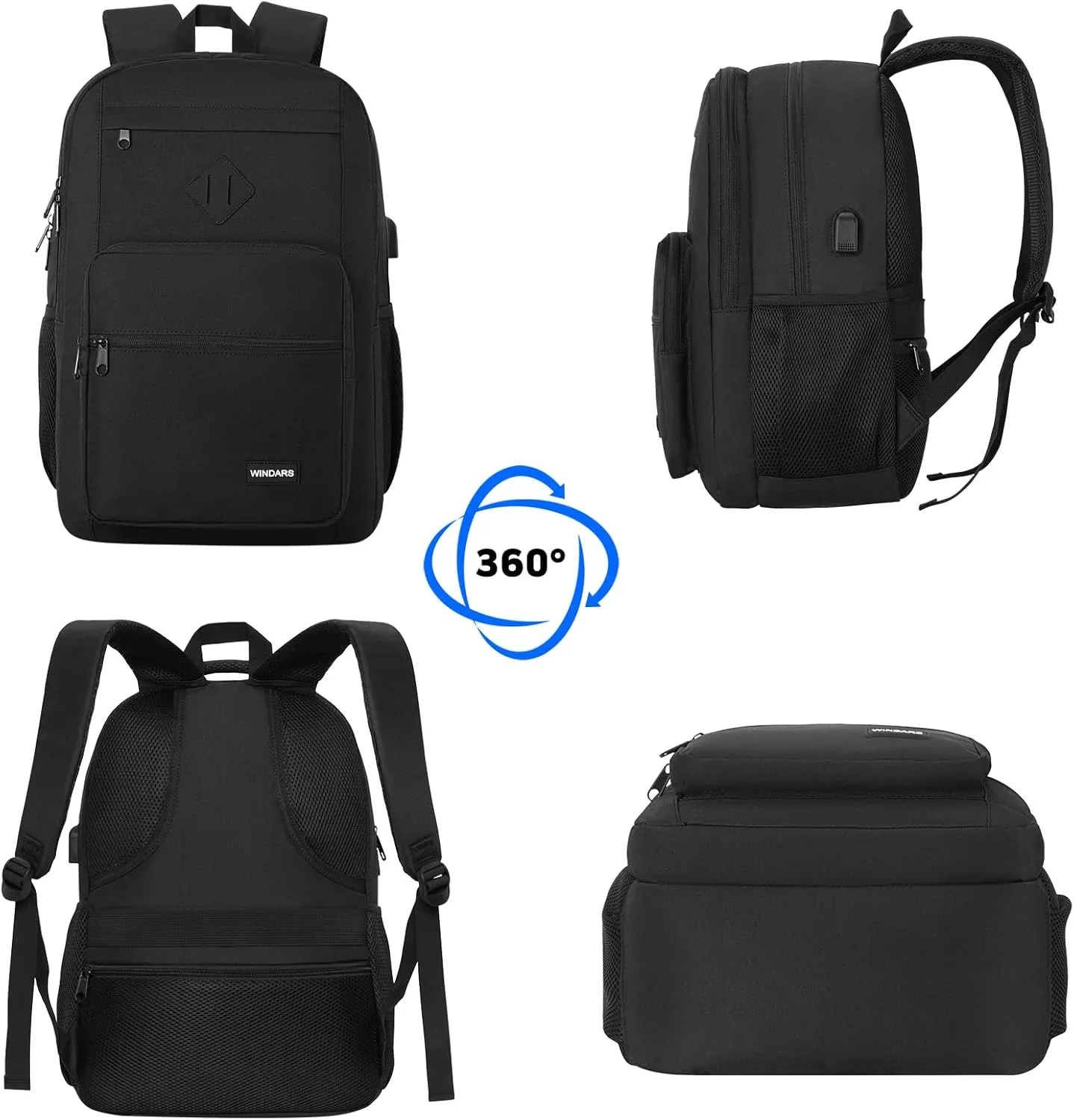 Black Backpack for Men Women, Durable Casual School Backpacks Teens Boys and Girls Classic 15.6 Inch Laptop Bookbag with USB Charger for College High School Work Travel