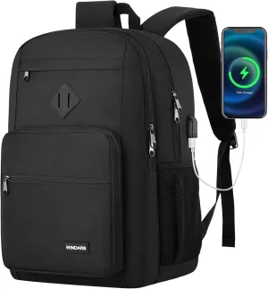 Black Backpack for Men Women, Durable Casual School Backpacks Teens Boys and Girls Classic 15.6 Inch Laptop Bookbag with USB Charger for College High School Work Travel