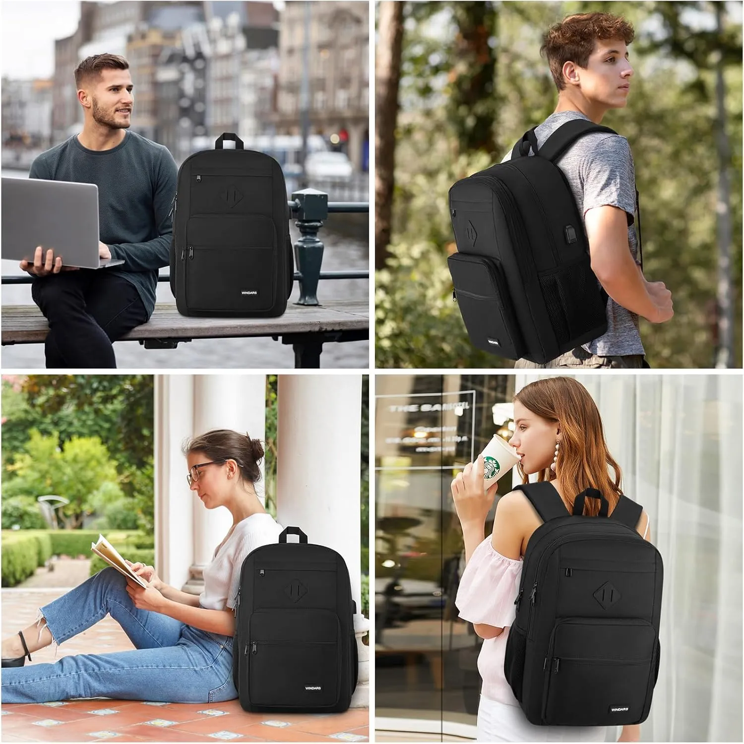 Black Backpack for Men Women, Durable Casual School Backpacks Teens Boys and Girls Classic 15.6 Inch Laptop Bookbag with USB Charger for College High School Work Travel