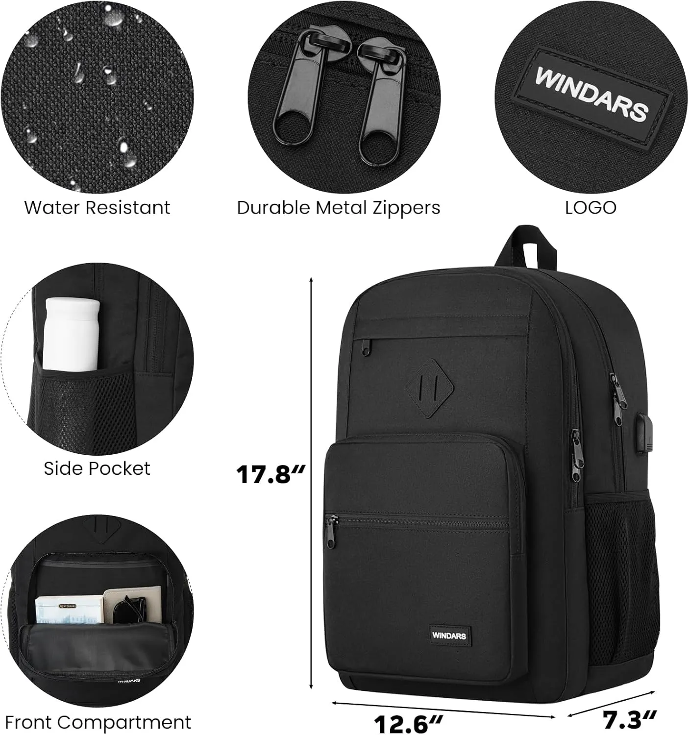 Black Backpack for Men Women, Durable Casual School Backpacks Teens Boys and Girls Classic 15.6 Inch Laptop Bookbag with USB Charger for College High School Work Travel