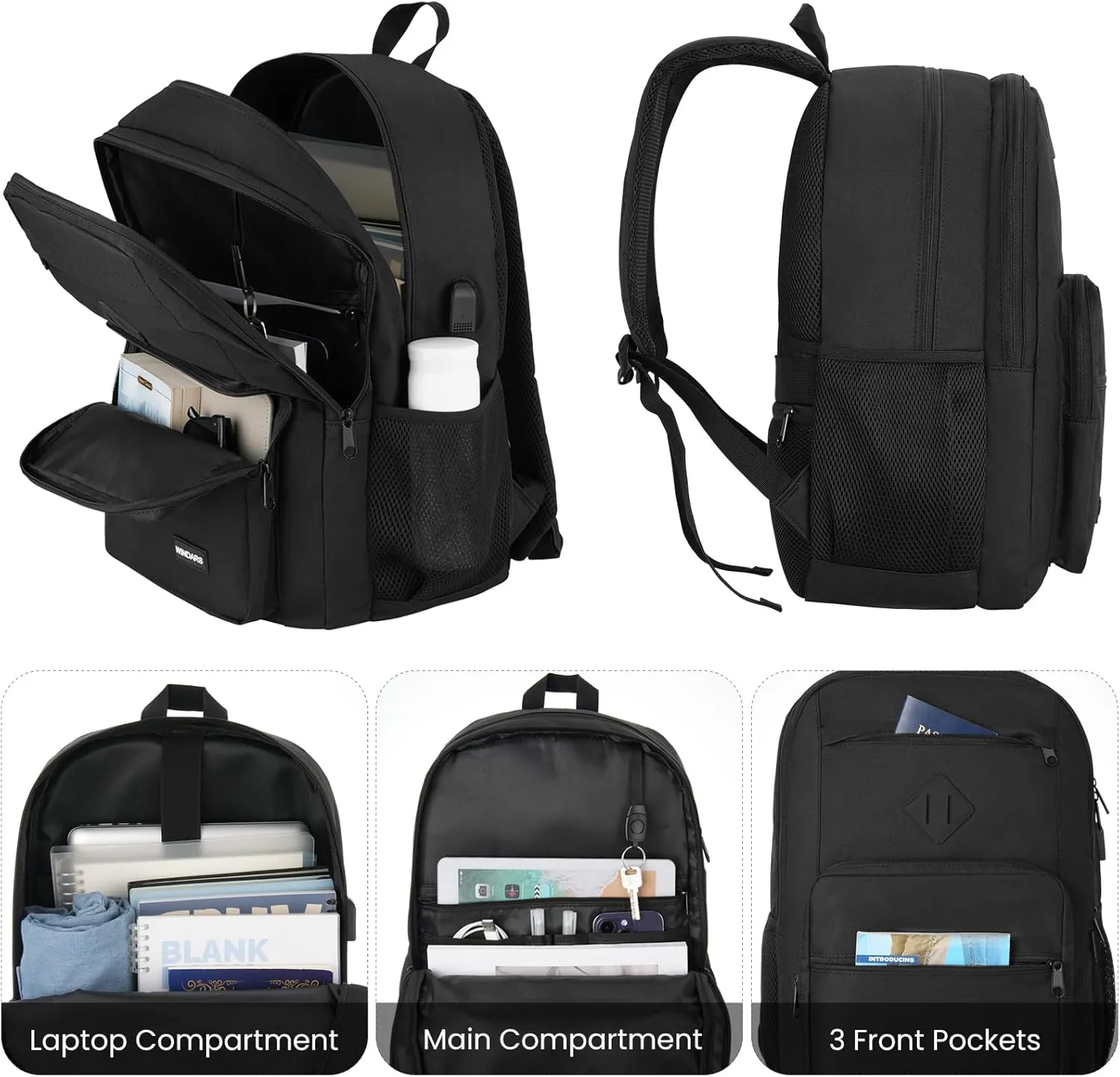 Black Backpack for Men Women, Durable Casual School Backpacks Teens Boys and Girls Classic 15.6 Inch Laptop Bookbag with USB Charger for College High School Work Travel