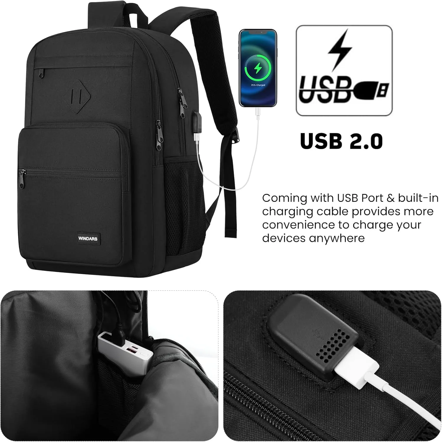Black Backpack for Men Women, Durable Casual School Backpacks Teens Boys and Girls Classic 15.6 Inch Laptop Bookbag with USB Charger for College High School Work Travel