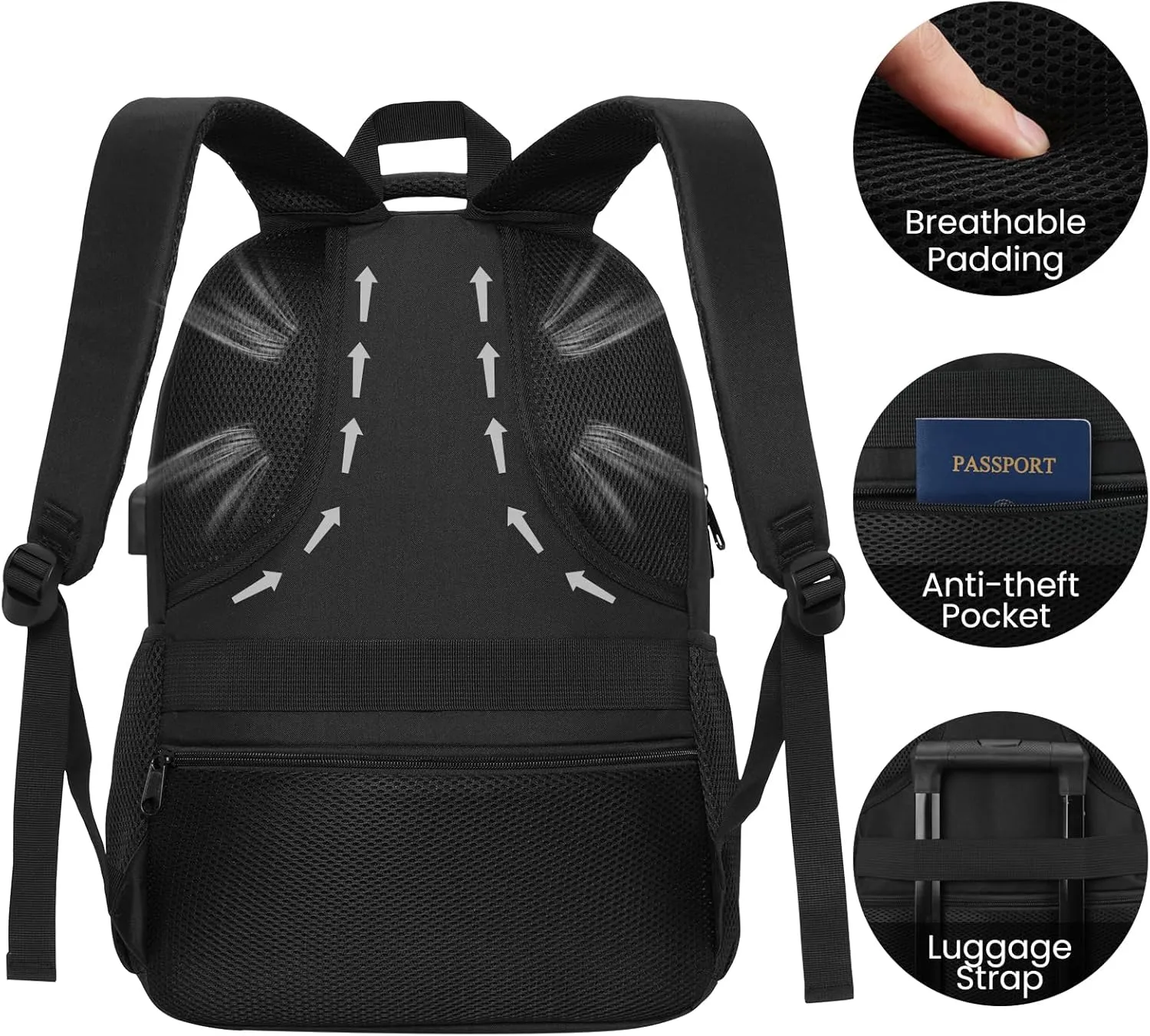 Black Backpack for Men Women, Durable Casual School Backpacks Teens Boys and Girls Classic 15.6 Inch Laptop Bookbag with USB Charger for College High School Work Travel
