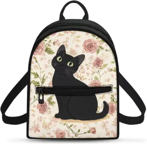 Black Cat Rose Small Backpack Purse for Women Lightweight Casual Daypack Mini Daypack Backpack for Women Men Stylish Rucksack Travel Hiking Bag