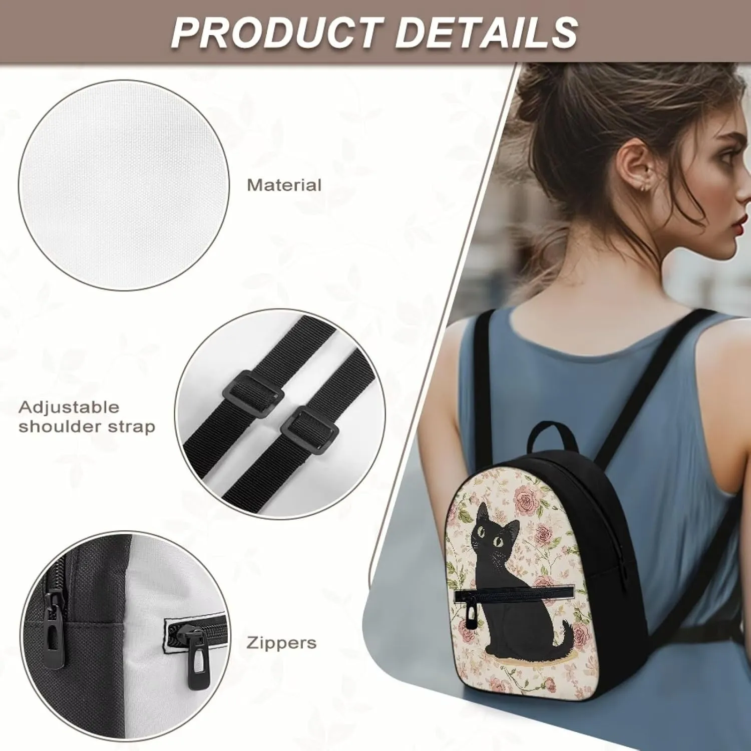 Black Cat Rose Small Backpack Purse for Women Lightweight Casual Daypack Mini Daypack Backpack for Women Men Stylish Rucksack Travel Hiking Bag