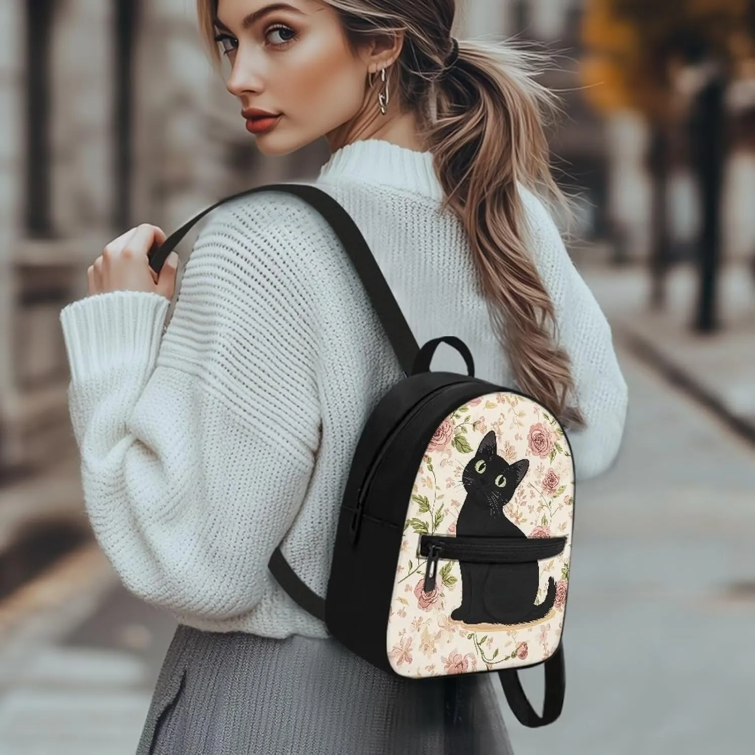 Black Cat Rose Small Backpack Purse for Women Lightweight Casual Daypack Mini Daypack Backpack for Women Men Stylish Rucksack Travel Hiking Bag