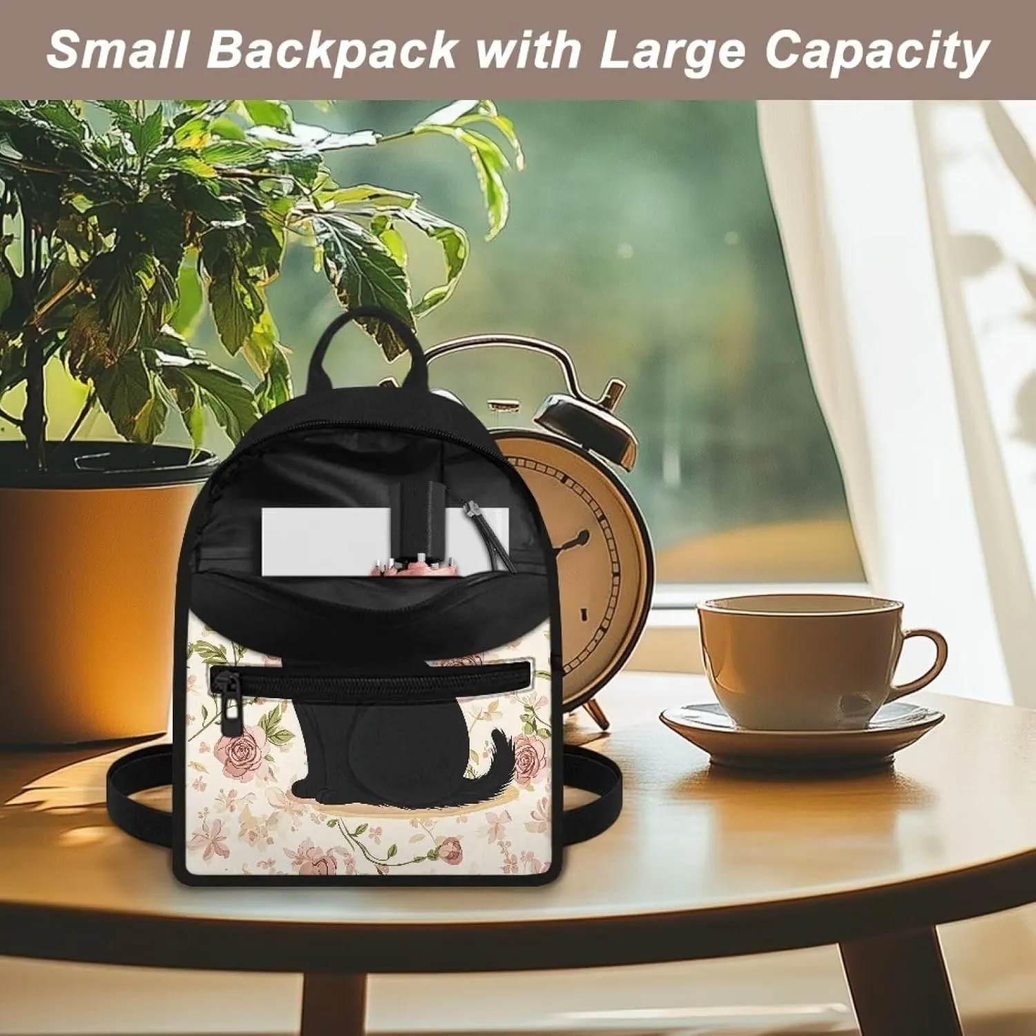Black Cat Rose Small Backpack Purse for Women Lightweight Casual Daypack Mini Daypack Backpack for Women Men Stylish Rucksack Travel Hiking Bag