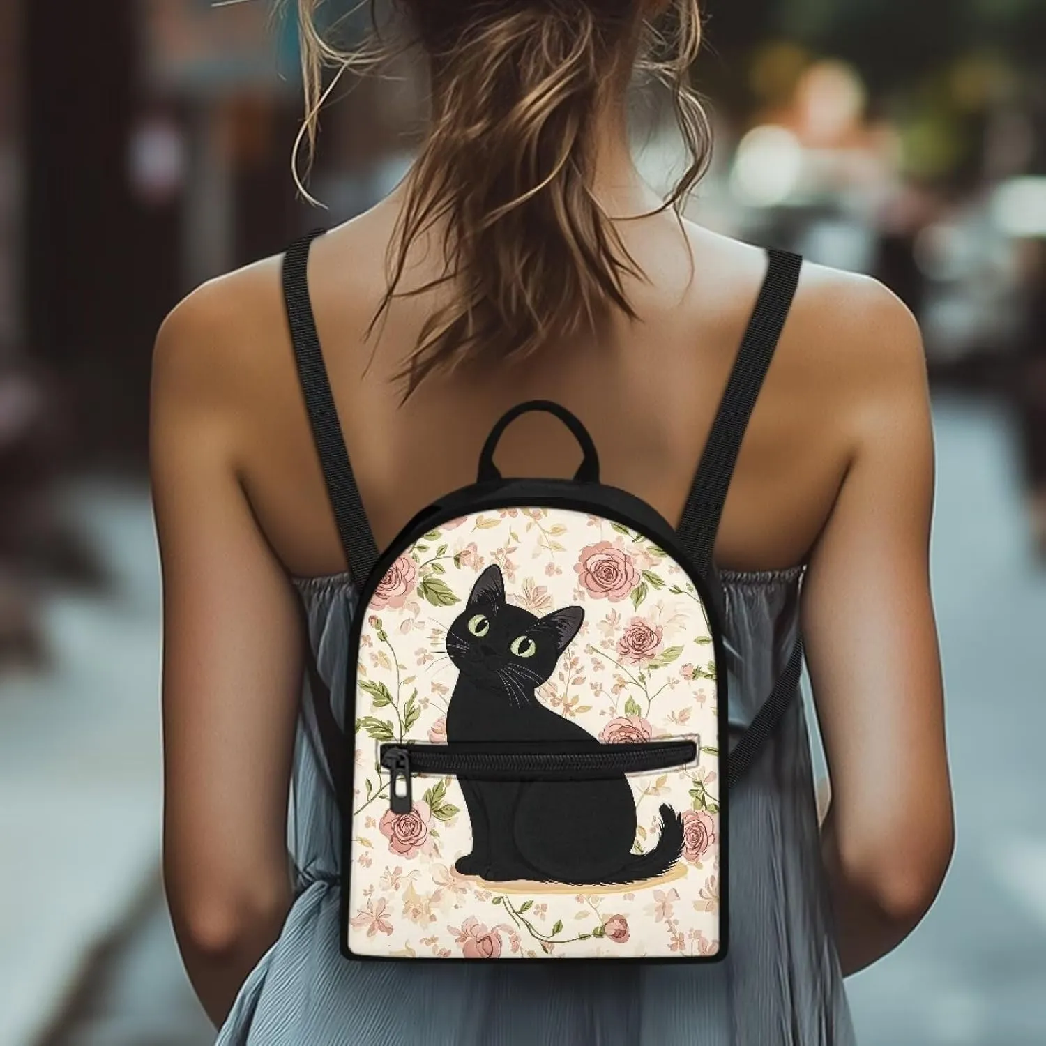 Black Cat Rose Small Backpack Purse for Women Lightweight Casual Daypack Mini Daypack Backpack for Women Men Stylish Rucksack Travel Hiking Bag