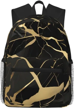 Black Marble Texture Gold Backpacks Lightweight With 1 Main Compartment, Shoulder Rucksack Carry-On