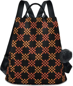 Black Orange Gingham Women's Backpack Purse Anti Theft Casual Fashion Bag with Pompom