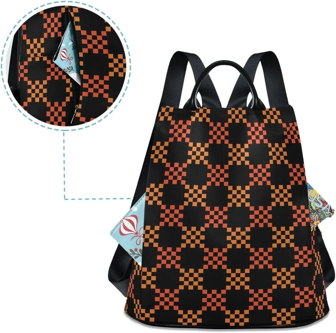 Black Orange Gingham Women's Backpack Purse Anti Theft Casual Fashion Bag with Pompom