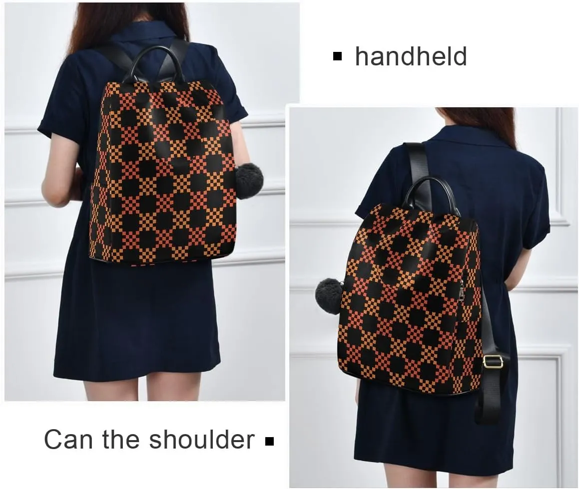 Black Orange Gingham Women's Backpack Purse Anti Theft Casual Fashion Bag with Pompom