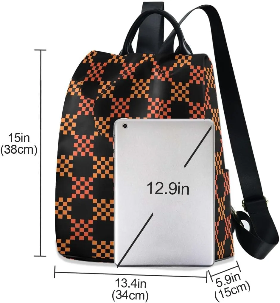Black Orange Gingham Women's Backpack Purse Anti Theft Casual Fashion Bag with Pompom