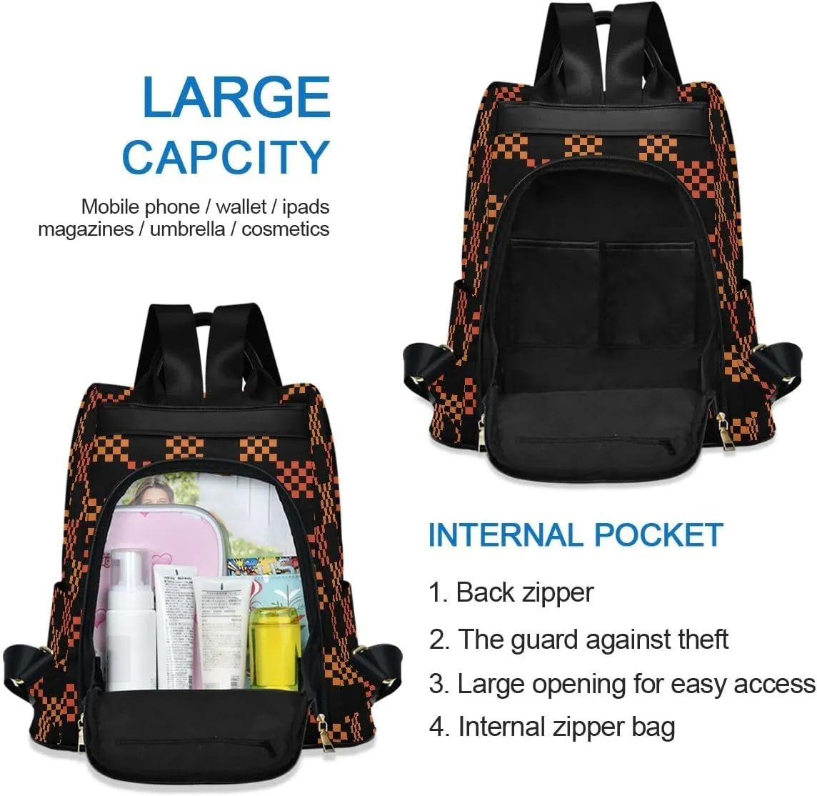 Black Orange Gingham Women's Backpack Purse Anti Theft Casual Fashion Bag with Pompom