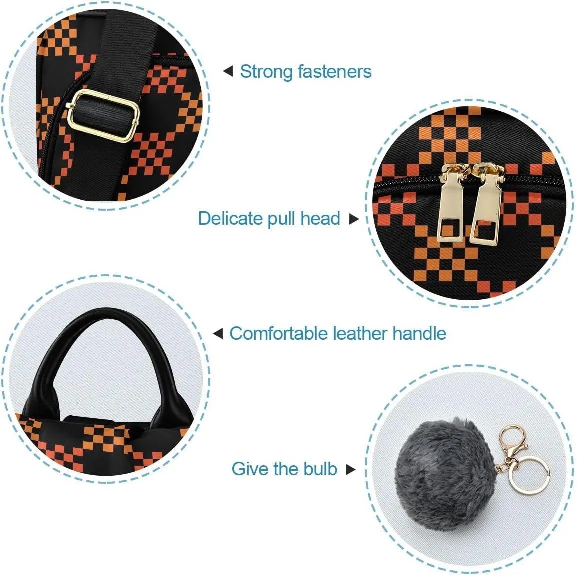 Black Orange Gingham Women's Backpack Purse Anti Theft Casual Fashion Bag with Pompom