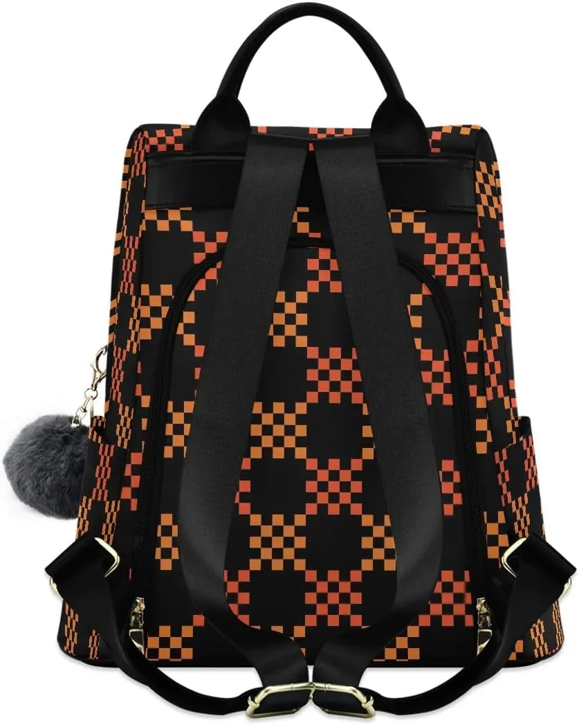 Black Orange Gingham Women's Backpack Purse Anti Theft Casual Fashion Bag with Pompom