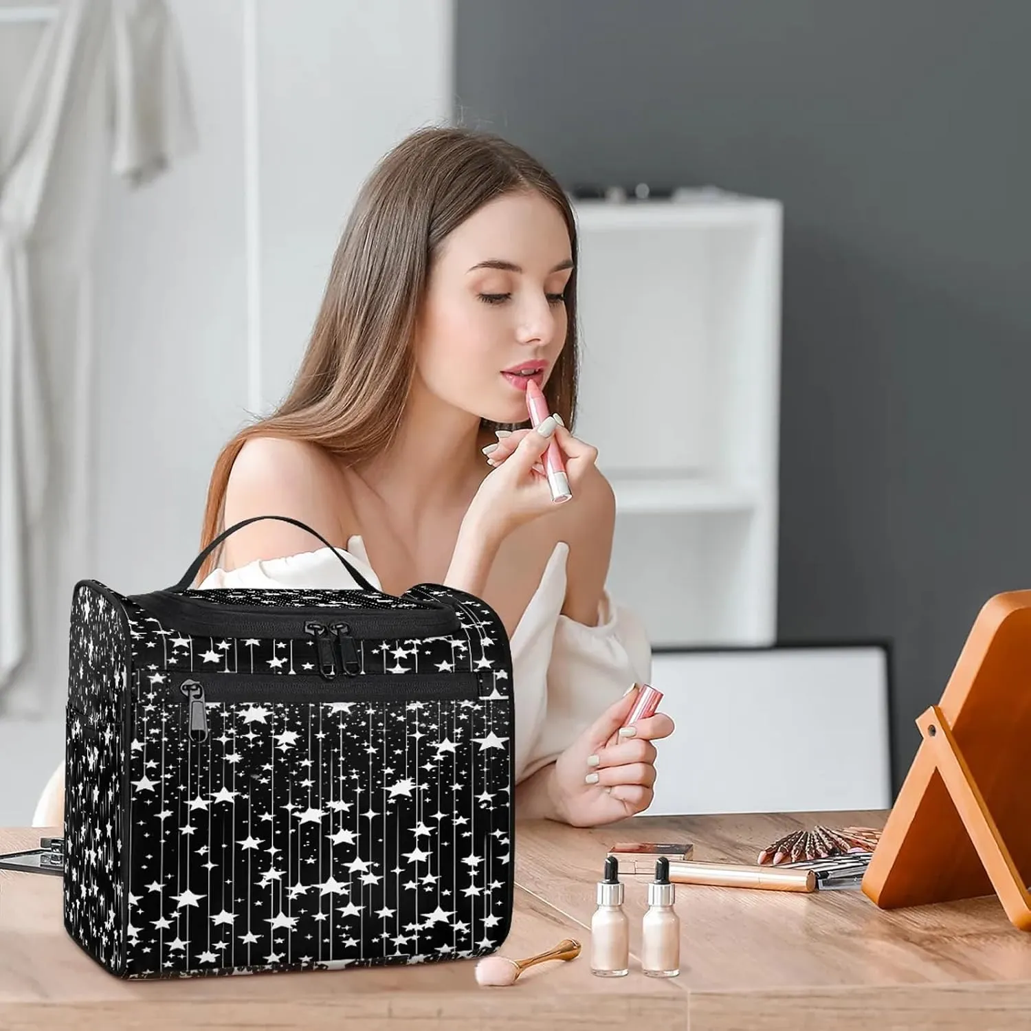 Black Star Large Makeup Bag Travel Make Up Organizer for Women Girls Cosmetic Bag Organizer With Handle