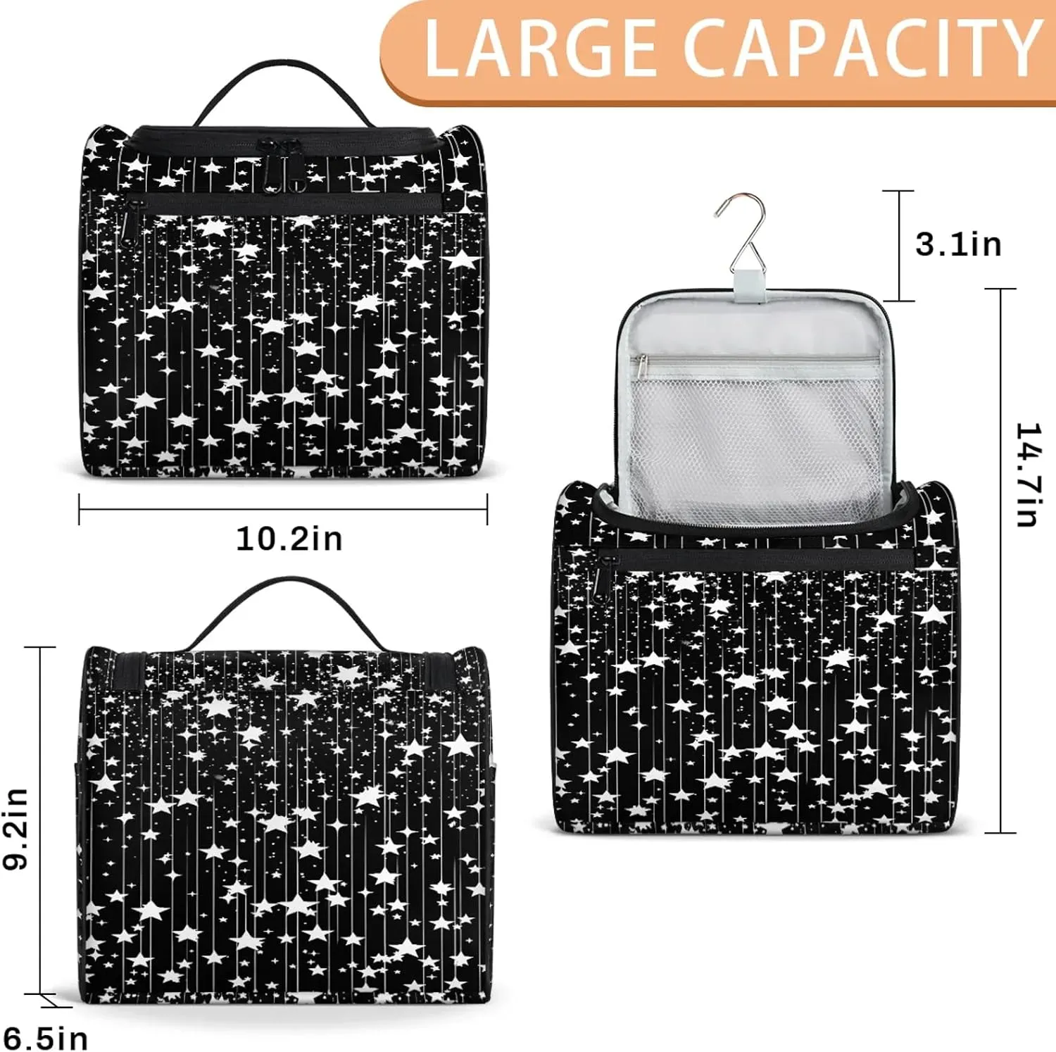 Black Star Large Makeup Bag Travel Make Up Organizer for Women Girls Cosmetic Bag Organizer With Handle