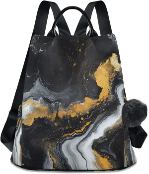 Black White Marble Golden Hints Backpack for Women Anti Theft Large Fashion Travel Shoulder Bag Purse Rucksack Lightweight