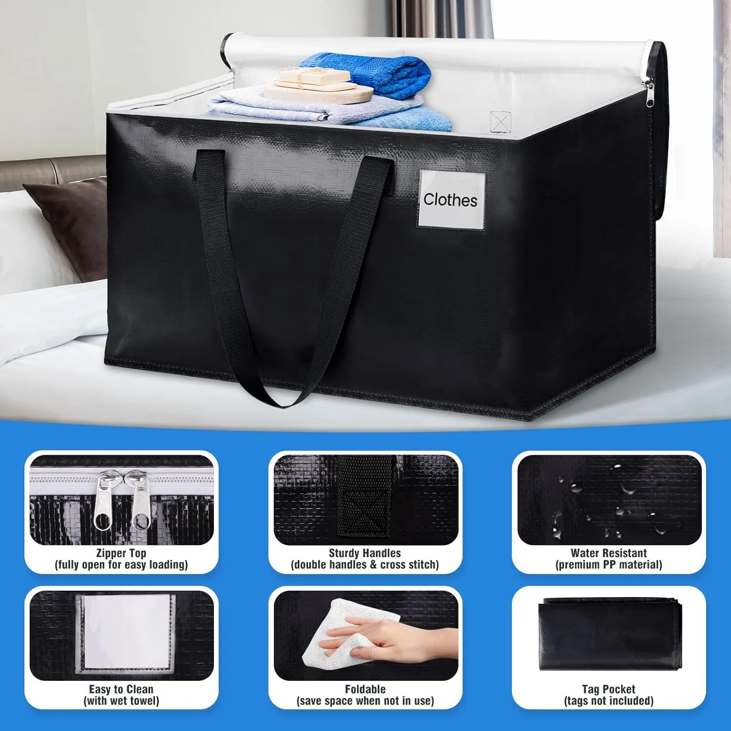 BlissTotes Moving Bags, Heavy Duty Moving Boxes with Zippers Top and Sturdy Handles, Storage Bags for Space Saving and Packing, Collapsible Moving Supplies, Storage Totes (125L, 4-Pack, Black)