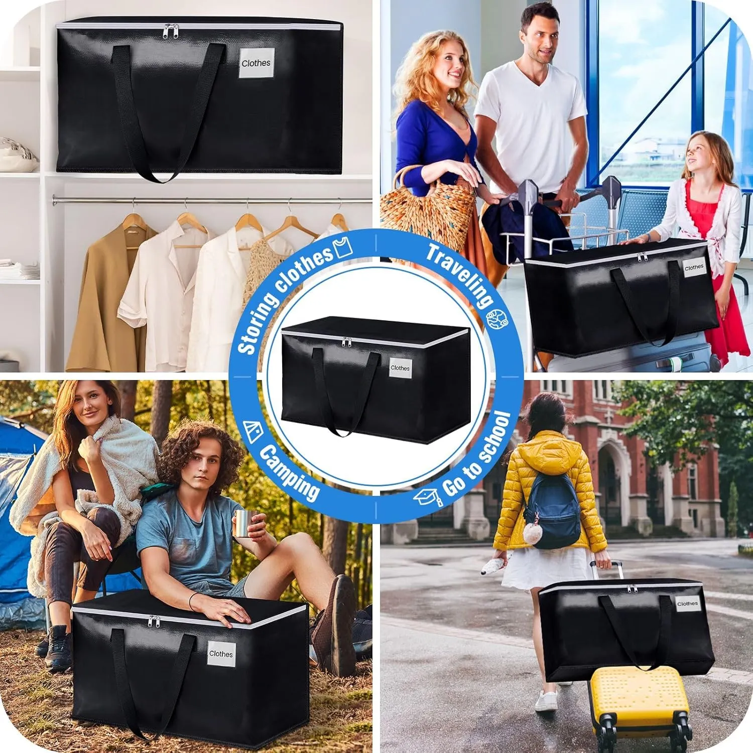BlissTotes Moving Bags, Heavy Duty Moving Boxes with Zippers Top and Sturdy Handles, Storage Bags for Space Saving and Packing, Collapsible Moving Supplies, Storage Totes (125L, 4-Pack, Black)
