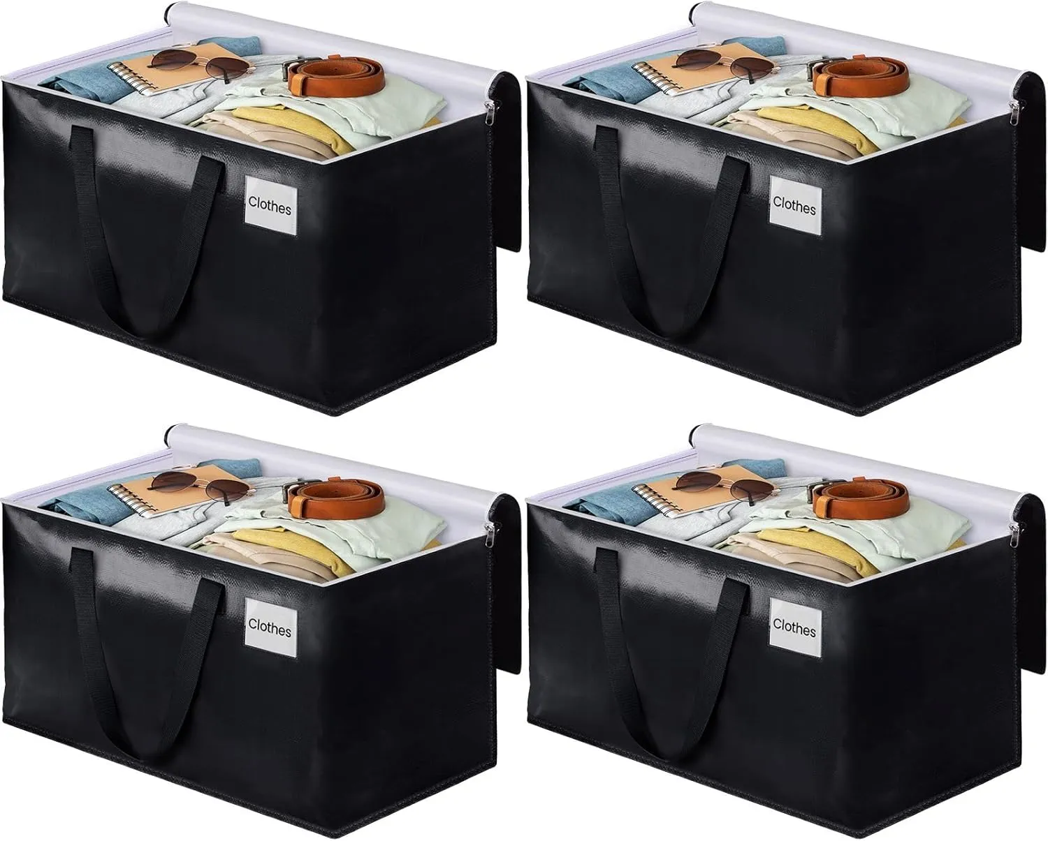 BlissTotes Moving Bags, Heavy Duty Moving Boxes with Zippers Top and Sturdy Handles, Storage Bags for Space Saving and Packing, Collapsible Moving Supplies, Storage Totes (125L, 4-Pack, Black)