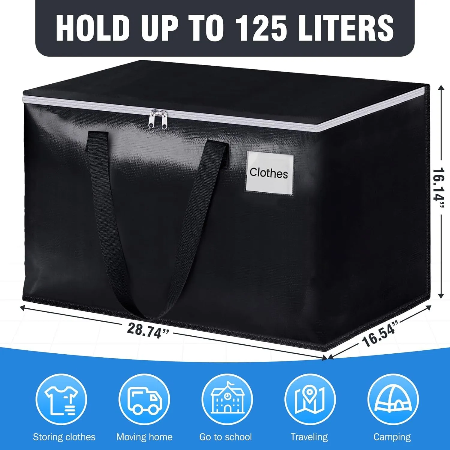 BlissTotes Moving Bags, Heavy Duty Moving Boxes with Zippers Top and Sturdy Handles, Storage Bags for Space Saving and Packing, Collapsible Moving Supplies, Storage Totes (125L, 4-Pack, Black)