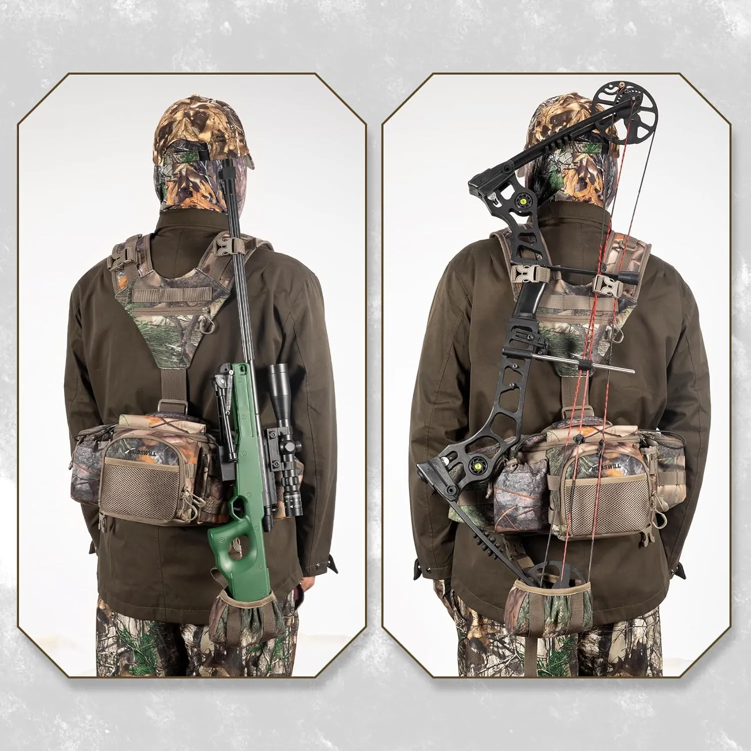 BLISSWILL Hunting Fanny Waist Pack with Harness Pouch，Shoulder-Supported Waist Pack， Hunting Backpack for Bow Rifle（New Leaf Camo）