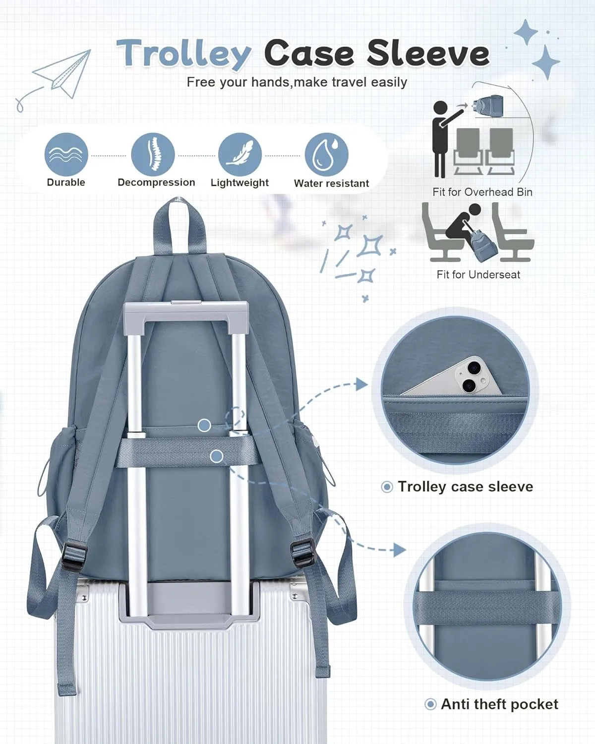 Blue Backpack for School Women Girls, Waterproof Bookbag Cute High School Backpack for Men Teen Boys, Lightweight Travel College Mochilas Escolares para Casual Daypack Rucksack