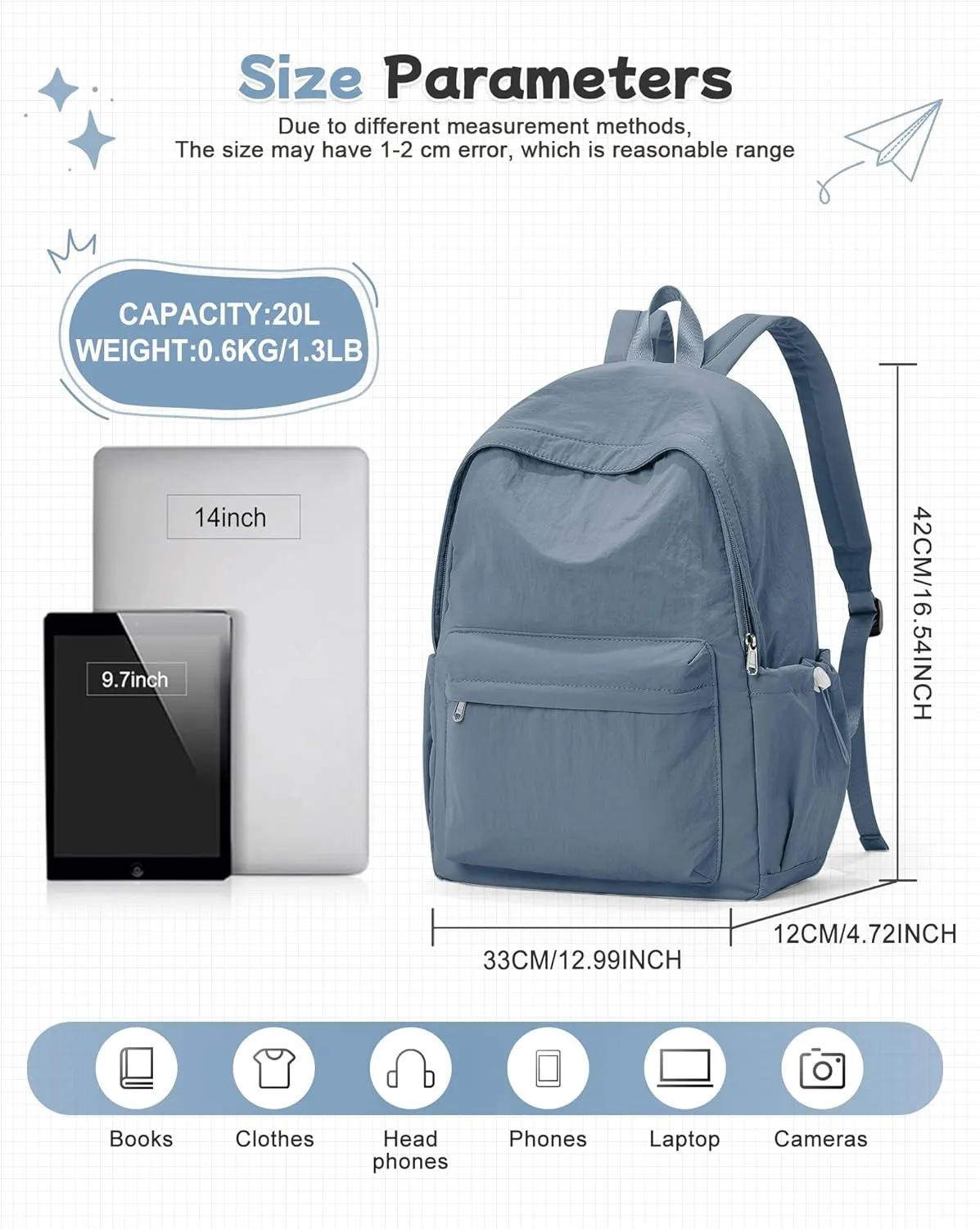 Blue Backpack for School Women Girls, Waterproof Bookbag Cute High School Backpack for Men Teen Boys, Lightweight Travel College Mochilas Escolares para Casual Daypack Rucksack