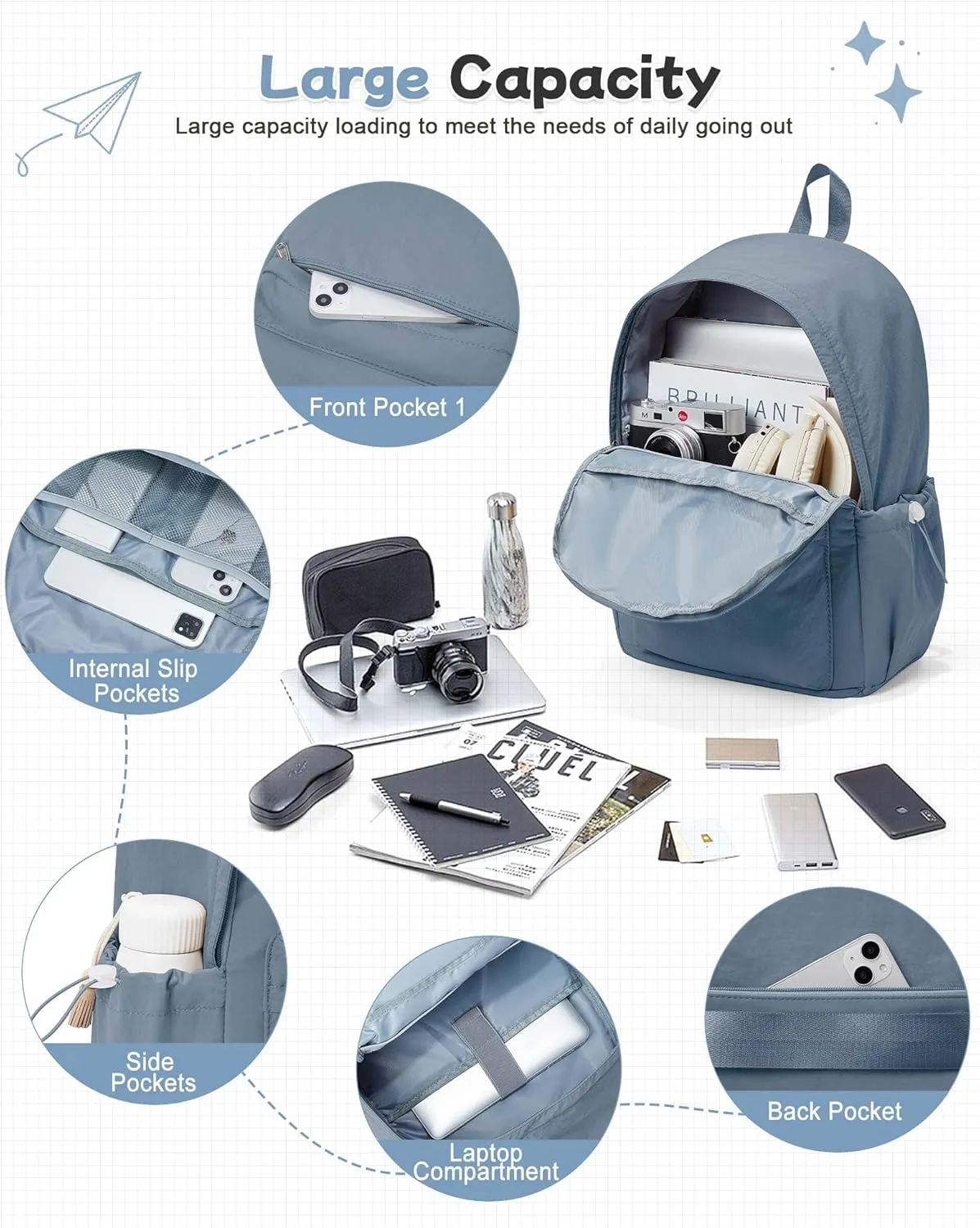 Blue Backpack for School Women Girls, Waterproof Bookbag Cute High School Backpack for Men Teen Boys, Lightweight Travel College Mochilas Escolares para Casual Daypack Rucksack