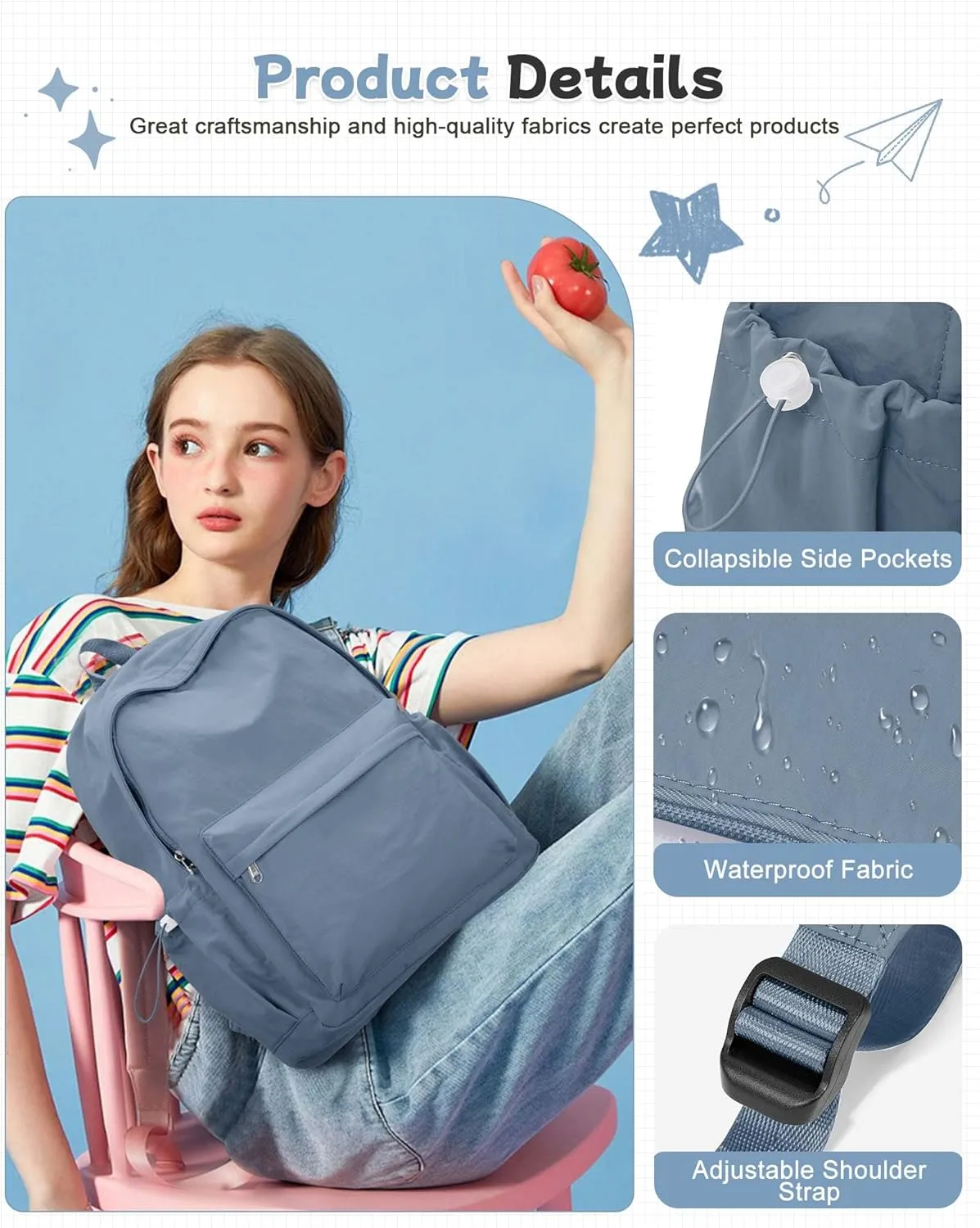 Blue Backpack for School Women Girls, Waterproof Bookbag Cute High School Backpack for Men Teen Boys, Lightweight Travel College Mochilas Escolares para Casual Daypack Rucksack