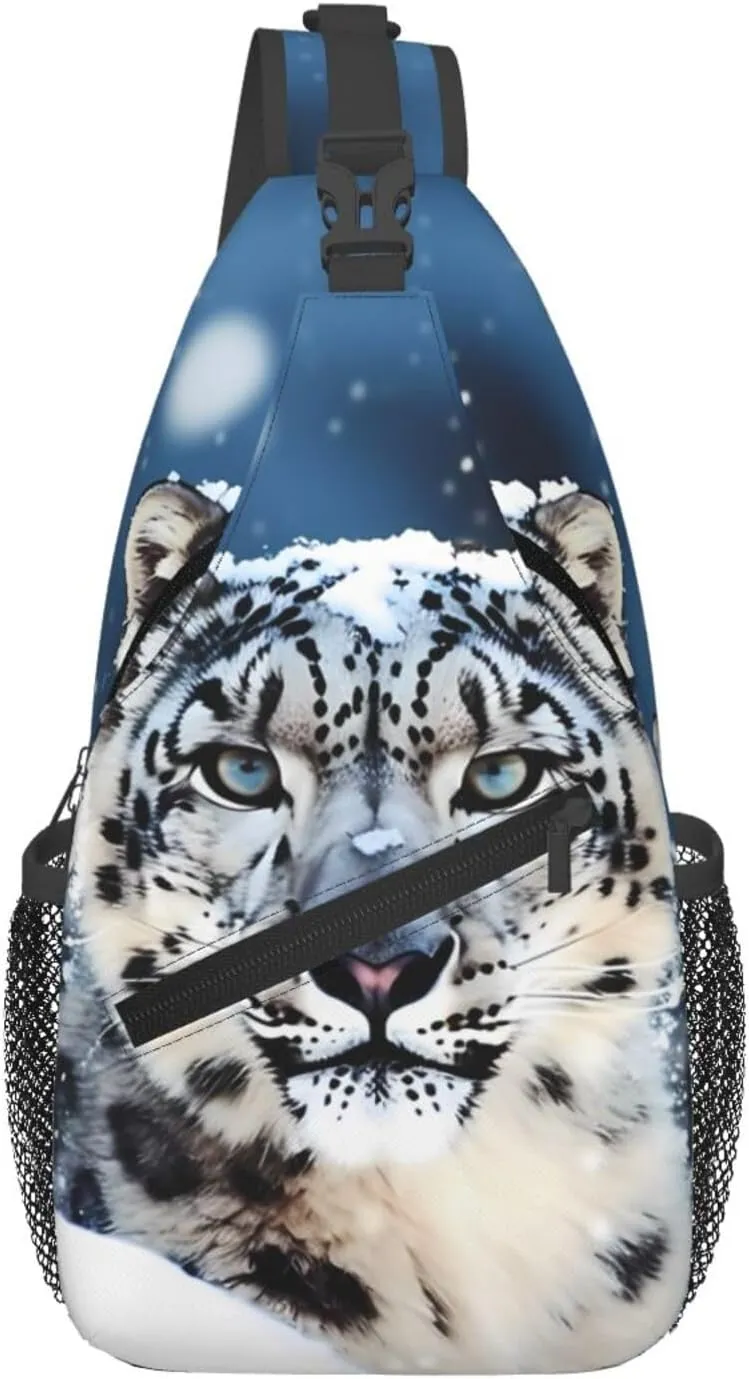 Blue eyed snow leopard Crossbody Bags for Men Women Fashion Sling Backpack Casual Chest Bag Travel Hiking Daypack