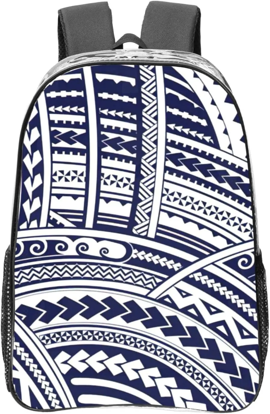 Blue Polynesian Maori Tribal Pattern Print Unisex Transparent Backpack PVC Clear Bag Large Compartment Side Pocket Daily Use