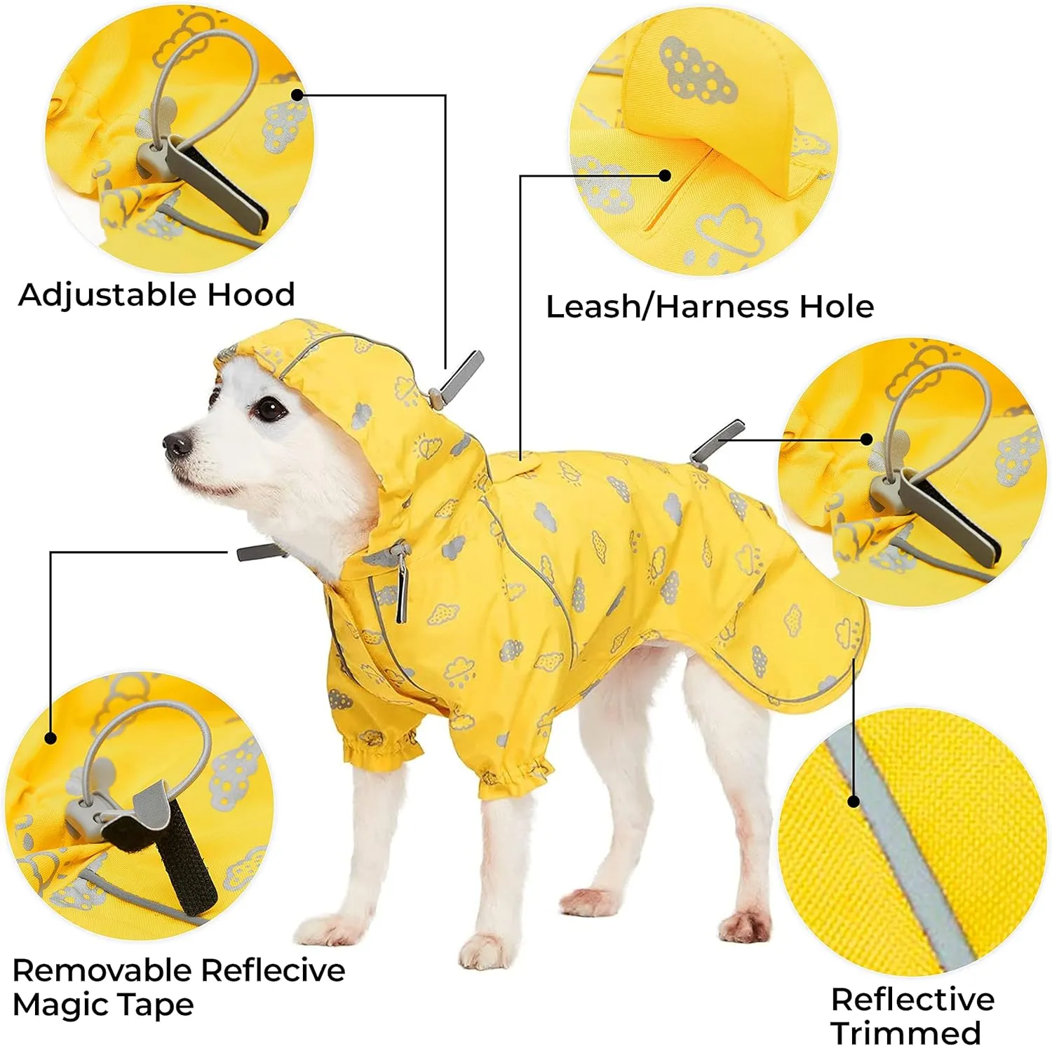 Blueberry Pet 18" Reflective Cloud Prints Lightweight Waterproof Dog Raincoat with Hood & Harness Hole, Sunflower Yellow, Outdoor Rain Gear Jacket 2 Legs for Large Dogs