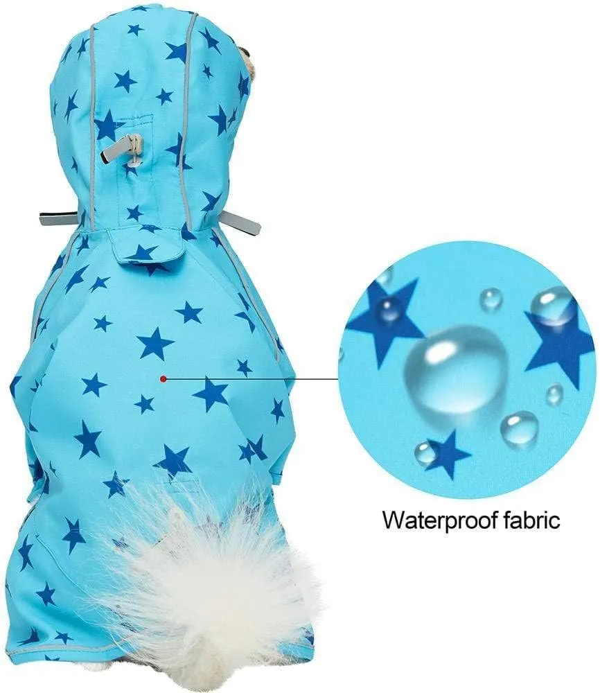 Blueberry Pet 18" Star Prints Lightweight Reflective Waterproof Dog Raincoat with Hood & Harness Hole, Blue, Outdoor Rain Gear Jacket 2 Legs for Large Dogs