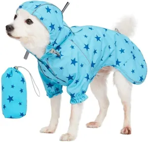 Blueberry Pet 18" Star Prints Lightweight Reflective Waterproof Dog Raincoat with Hood & Harness Hole, Blue, Outdoor Rain Gear Jacket 2 Legs for Large Dogs
