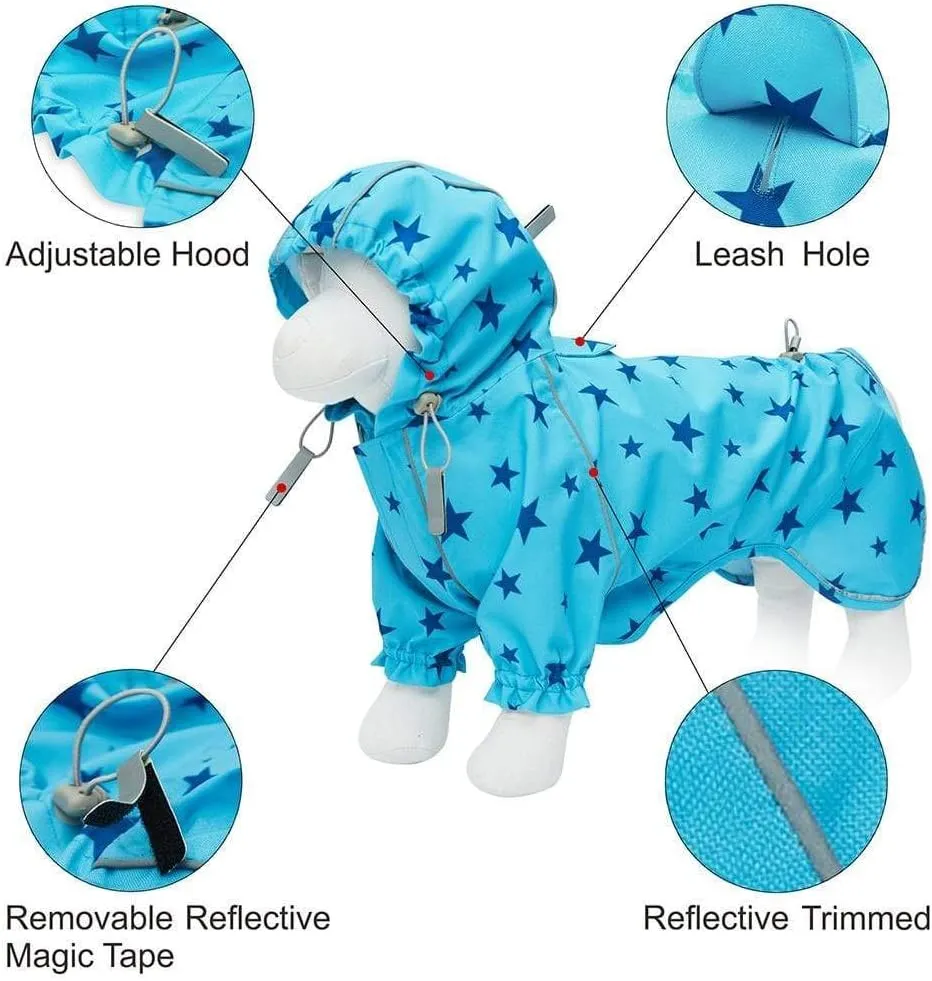 Blueberry Pet 18" Star Prints Lightweight Reflective Waterproof Dog Raincoat with Hood & Harness Hole, Blue, Outdoor Rain Gear Jacket 2 Legs for Large Dogs