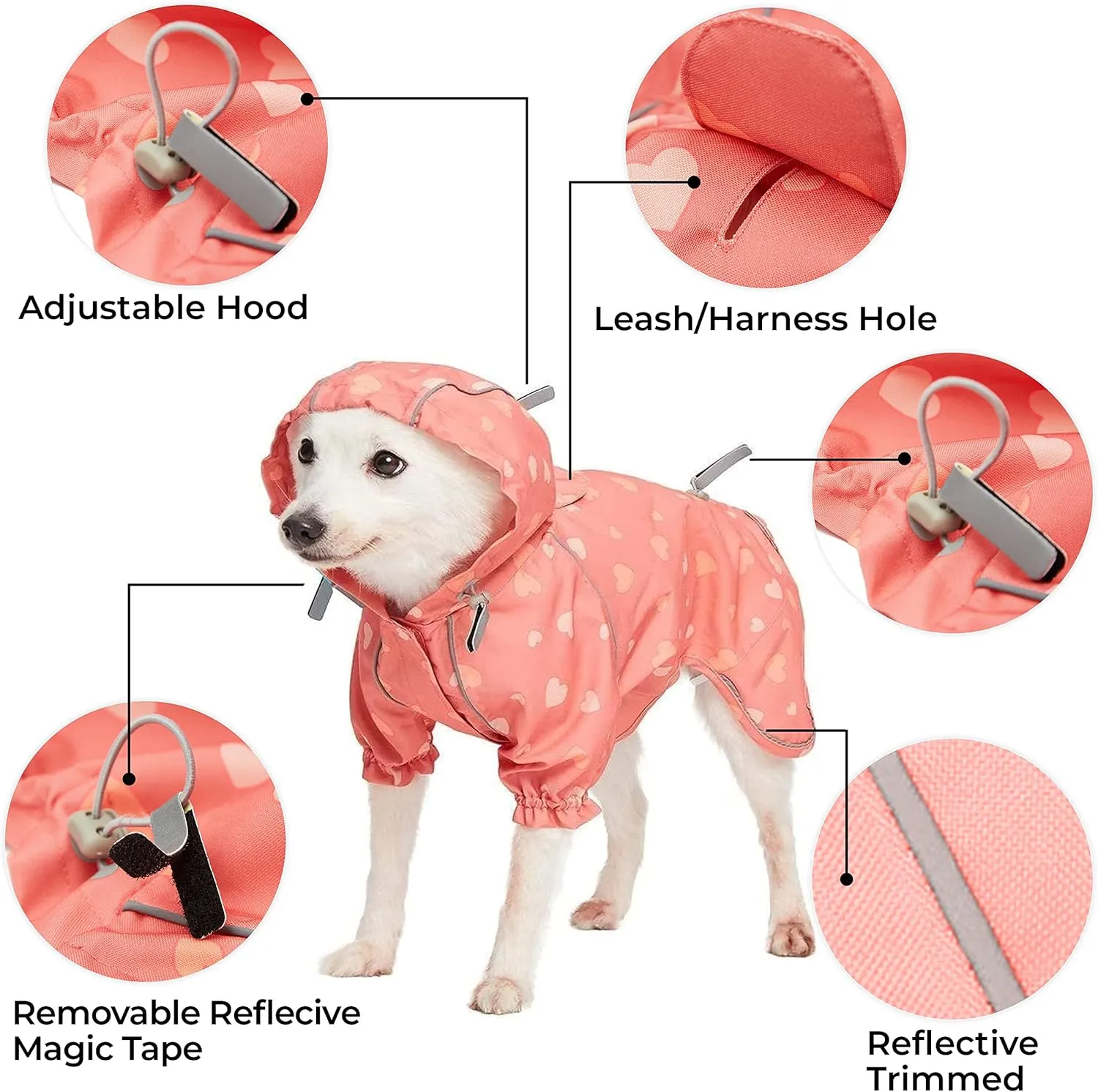 Blueberry Pet 20" Heart Prints Lightweight Reflective Waterproof Dog Raincoat with Hood & Harness Hole, Pink, Outdoor Rain Gear Jacket 2 Legs for Large Dogs