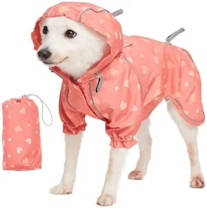 Blueberry Pet 20" Heart Prints Lightweight Reflective Waterproof Dog Raincoat with Hood & Harness Hole, Pink, Outdoor Rain Gear Jacket 2 Legs for Large Dogs