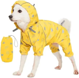 Blueberry Pet 20" Reflective Cloud Prints Lightweight Waterproof Dog Raincoat with Hood & Harness Hole, Sunflower Yellow, Outdoor Rain Gear Jacket 4 Legs for Large Dogs