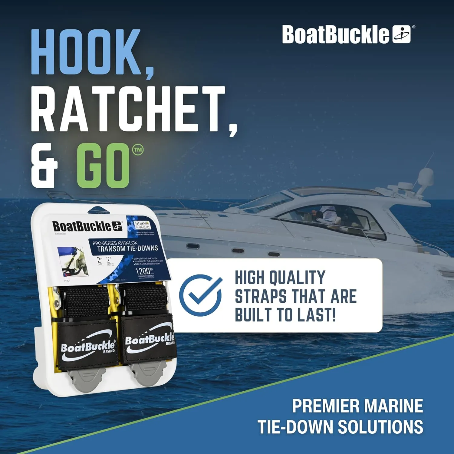 BoatBuckle Pro Series Kwik-Lok Transom Tie-Down, (Pack of 2) - 2-Inch x 2-Feet
