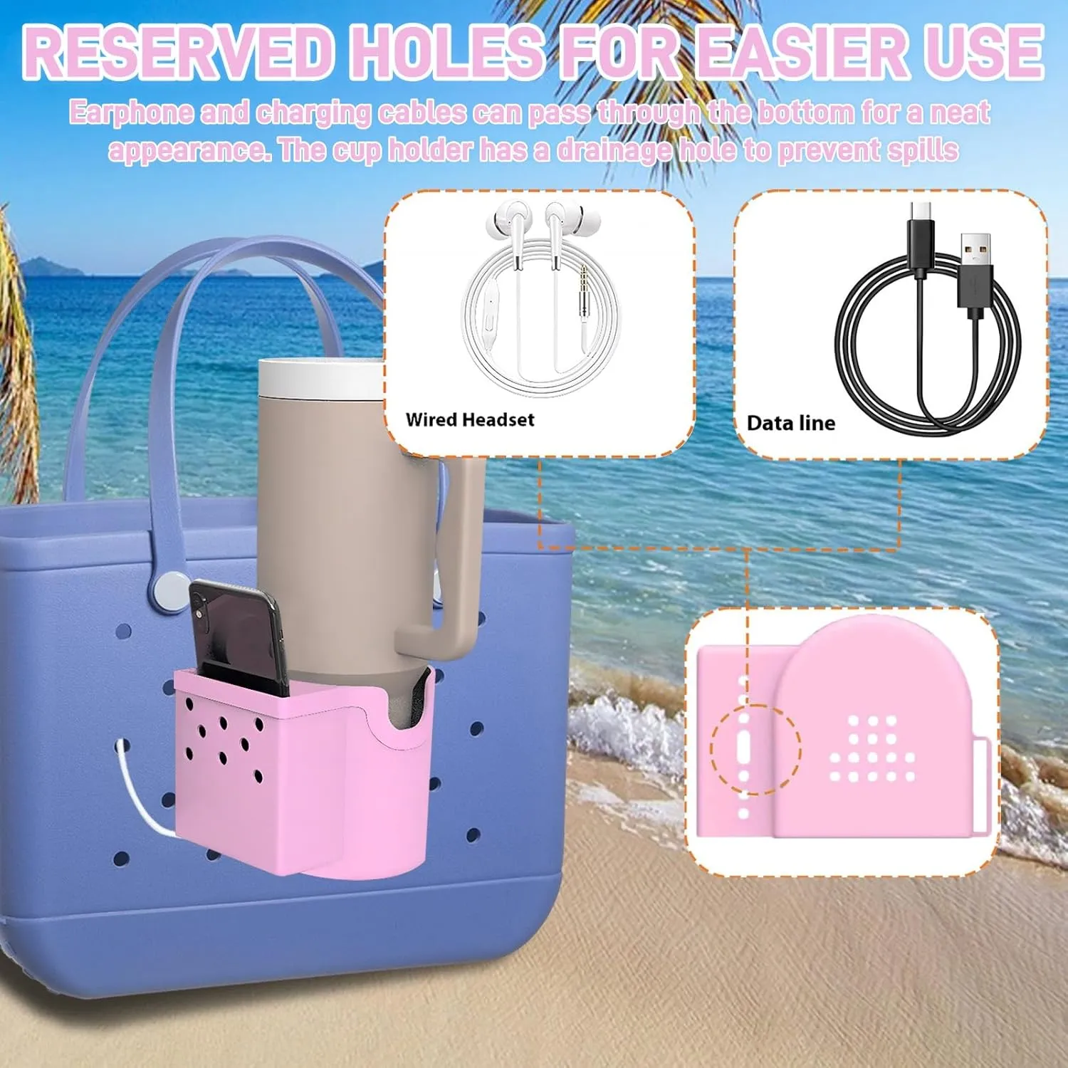 Bogg Bag Accessories, Bogg Bag Cup Holder, with Silicone Cup Holder, Phone Holder and Sunglasses Holder, Waterproof and Sandproof for Small Bogg Bag & XL Bogg Bag (Pink), 5.23x3.97x4.01inch