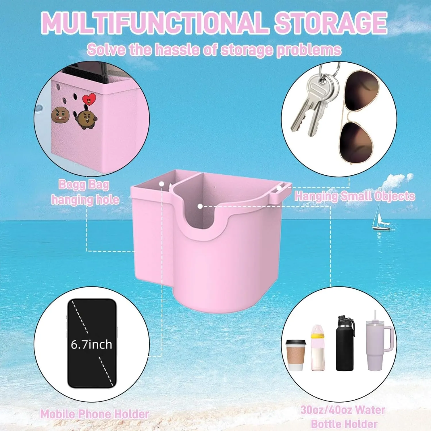 Bogg Bag Accessories, Bogg Bag Cup Holder, with Silicone Cup Holder, Phone Holder and Sunglasses Holder, Waterproof and Sandproof for Small Bogg Bag & XL Bogg Bag (Pink), 5.23x3.97x4.01inch