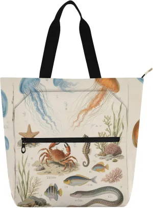 Books Totes Book Bag for Kids Students Adults,Beige Vintage Marine Animal Specimens Lightweight Reusable Shopping Bag with Zipper for School Shopping Beach