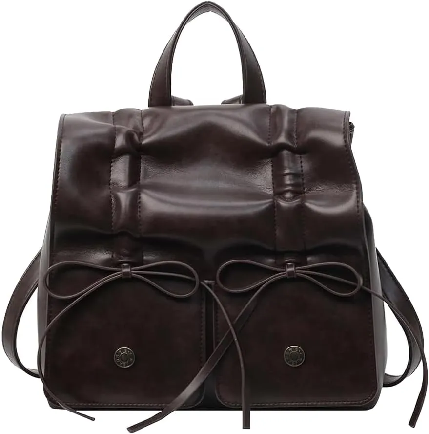 Bow Tie Vintage Backpack for Women,PU Leather Travel Rucksack Metal Chain Y2K Handbag Double Shoulder Bag