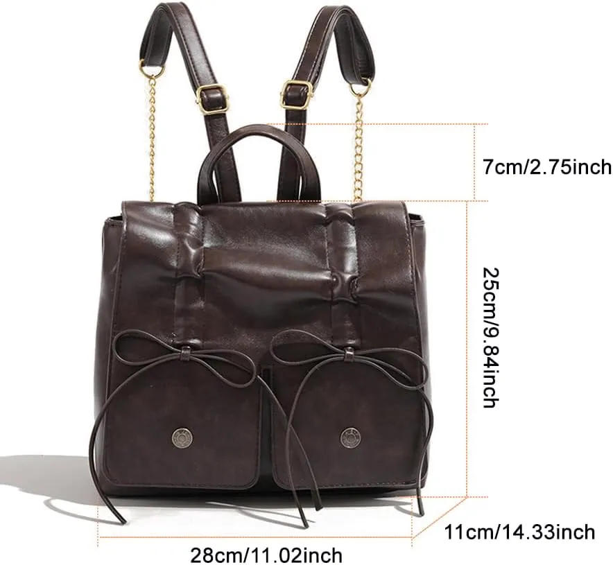Bow Tie Vintage Backpack for Women,PU Leather Travel Rucksack Metal Chain Y2K Handbag Double Shoulder Bag